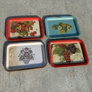Vintage Metal Lap Trays with Flowers Grapes Strawberries 12x17” Lot of 4